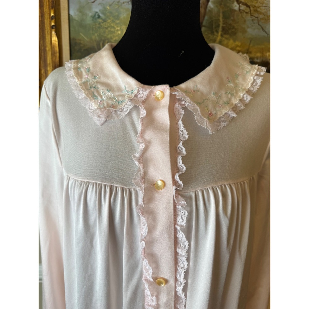 Vintage Shadowline Pink Embroidered Lace Trim Maxi Nightgown Made in USA Medium
